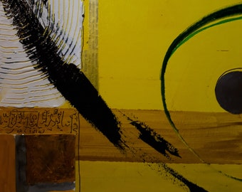 square abstract painting acrylic paint, collage, various materials, mixed media