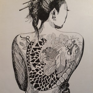 Chinese ink drawing on paper Asian woman from behind dragon tattoo people of the world black and white