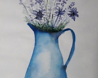 Tableau Peinture aquarelle bouquet de lavande pot bleu