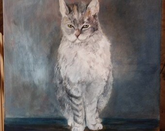 動物の猫の絵 キャンバスにアクリル絵の具 サイン入り / 動物の猫の