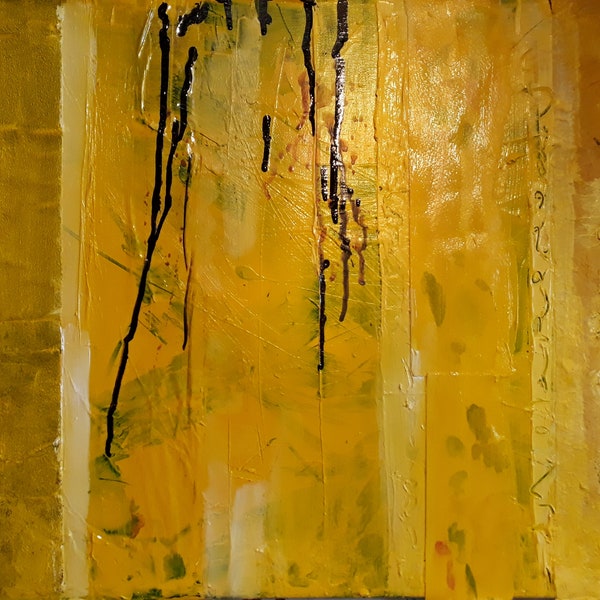 Tableau peinture abstrait  jaune technique mixte collage