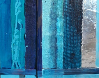 Tableau peinture et collage technique mixte acrylique abstrait bleu