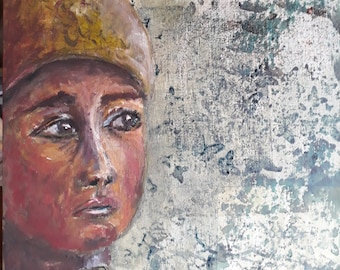 May include: A painting of a person's face with a brown and yellow hat. The background is a textured, light blue and white canvas.
