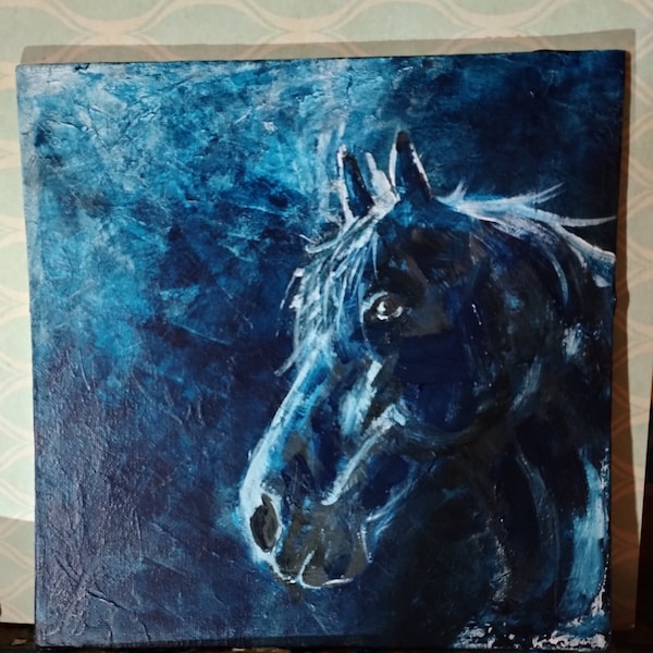 Tableau carré peinture acrylique - portrait cheval bleu