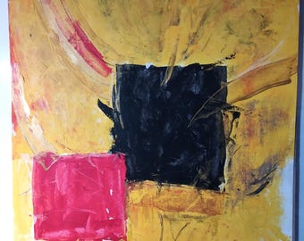 Painting table mixed technique abstract movement yellow calligraphy Chinese ink
