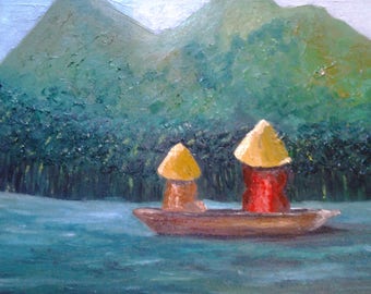 tableau Peinture à l' huile - asiatique - personnage sur pirogue - Asie du sud-est -