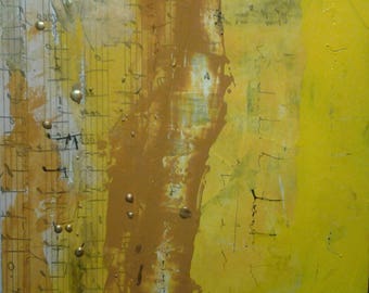 Abstract painting yellow various technical materials mixed collage