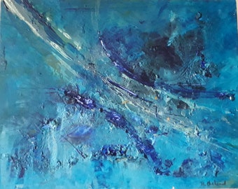 Puede incluir: Pintura abstracta con tonos azules, blancos y verdes. La pintura es texturizada y en capas, creando una sensación de profundidad y movimiento.