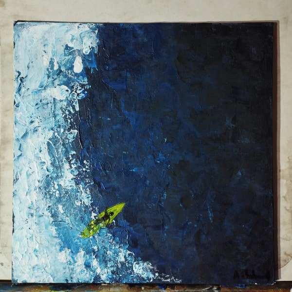 Tableau peinture acrylique surfeur au milieu de la mer bleu abstrait