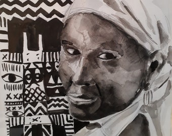 Portrait du monde noir et blanc - femme aquarelle - tableau encre de chine