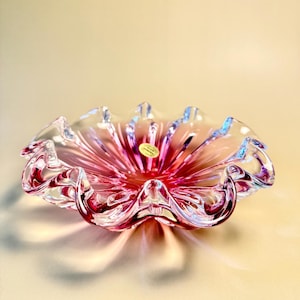 Vintage Pink Mid Century Crystal Bowl Made in Czechoslovakia