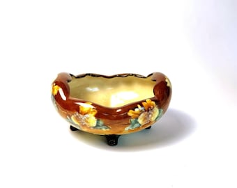 Antique MZ Austria Porcelain Footed Bowl, Hand Painted Floral Dish c1900