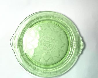 Vintage Uranium Glass Serving Platter, Green Vaseline Glass Tray, 11 Inch Art Deco Plate