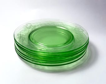 Uranium Glass Salad Plates, Set of 6, Etched Floral Design, 7.75” Vintage Vaseline Glass