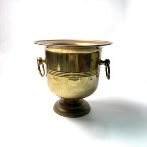 Vintage Solid Brass Planter Urn with Ring Handles, Pedestal Brass Cachepot