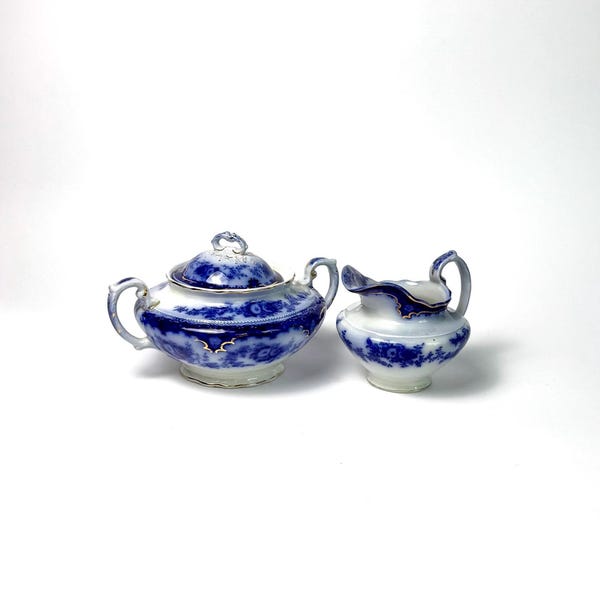 Victorian Flow Blue Creamer and Sugar