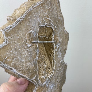May include: A beige, textured, rock-like object with a hole in the center. The object has a rough, uneven surface and appears to be made of concrete or plaster.