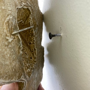 May include: A beige, textured wall decor piece with a hole in the center, being hung on a white wall with a screw.