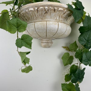 Puede incluir: Un macetero de pared blanco, adornado con un borde festoneado decorativo. Una vid verde con hojas cuelga del macetero.