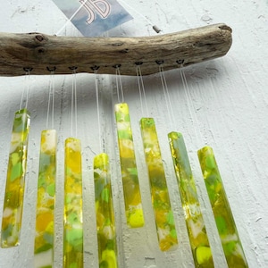Fused Glass and Driftwood Chimes in Bright Greens and Yellows