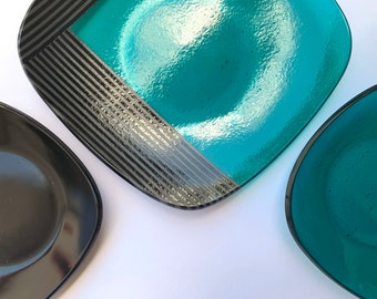 Set of Three Fused Glass Dishes: One Large Serving Dish and Two Smaller Dishes in Peacock Blue, Black, and Gray