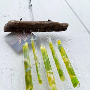 Fused Glass and Driftwood Chimes in Bright Greens and Yellows