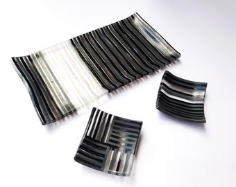 SECONDS SALE: Fused Glass Sushi Tray and set of two Soy Sauce Dishes in Black, Gray, and Streaky White and Clear