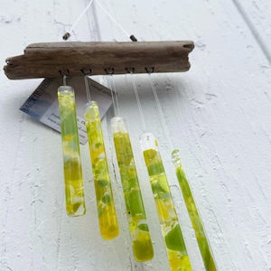 Fused Glass and Driftwood Chimes in Bright Greens and Yellows