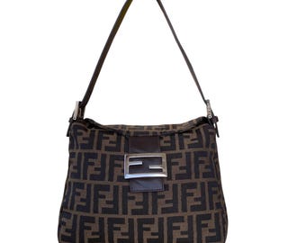RARE! Vintage Fendi Zucca FF Logo Double Flap Baguette Bag Brown Leather Trim Shoulder Bag