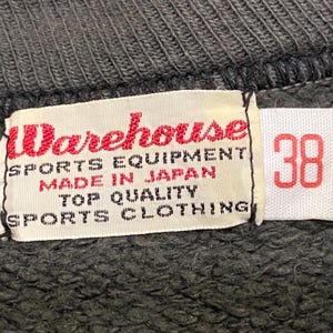 May include: Close-up of a label from a dark gray garment. The label reads "Warehouse SPORTS EQUIPMENT MADE IN JAPAN TOP QUALITY SPORTS CLOTHING" in red and black text. A separate tag displays the number "38" in red.
