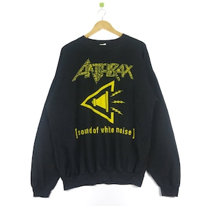 Puede incluir: Sudadera negra con un logotipo amarillo de Anthrax y el texto "sound of white noise".