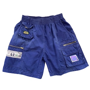 RARE Vintage 90s Blue BUFFALO Utility Cargo Shorts Elastic Waist Drawstring Patchwork Hip Hop Rave