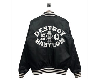 Vintage Five-O Duppies Destroy Babylon Bomber Jacket Harajuku Streetwear Satin Varsity Jacket Black White Striped Trim Size L