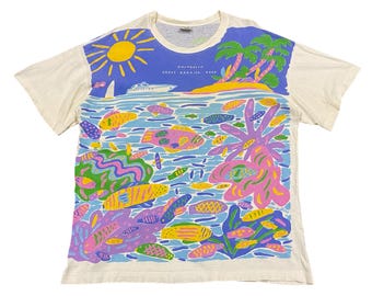 Camiseta vintage de Ken Done de la Gran Barrera de Coral de 1991 / Etiqueta de Australia / Camiseta con estampado integral excepcional de arte de recuerdo australiano / Talla mediana