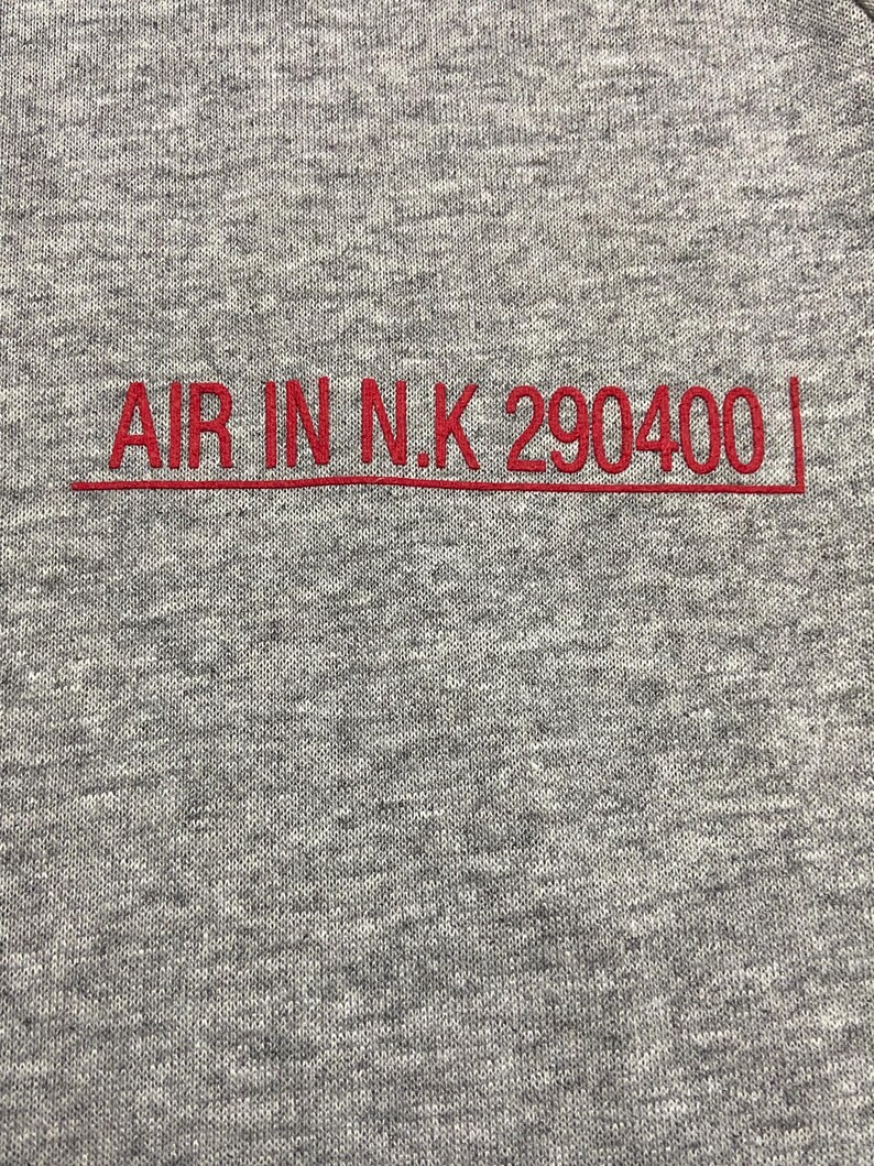 May include: Gray sweatshirt with red embroidered text that reads "AIR IN N.K 290400".