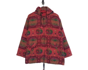 May include: A red hooded jacket with a colorful geometric pattern. The jacket has a zipper closure and a drawstring at the waist.