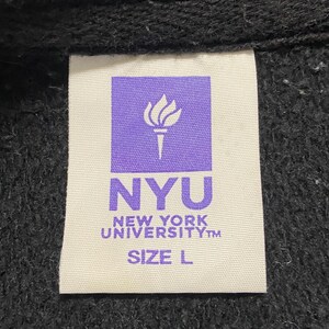 May include: A white tag with a purple logo of a torch and the text "NYU NEW YORK UNIVERSITY&trade; SIZE L"