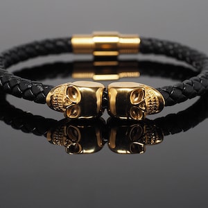 Guldarmband för män Vänskapsarmband Gyllene dödskallearmband Svart läderarmband Armband Presentarmband för make Armband för män "Zeus"