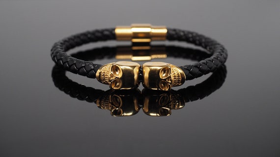 Men's Fashion Style Black Leather Gold Bracelet - Gold | Ebru Jewelry |  Wolf & Badger