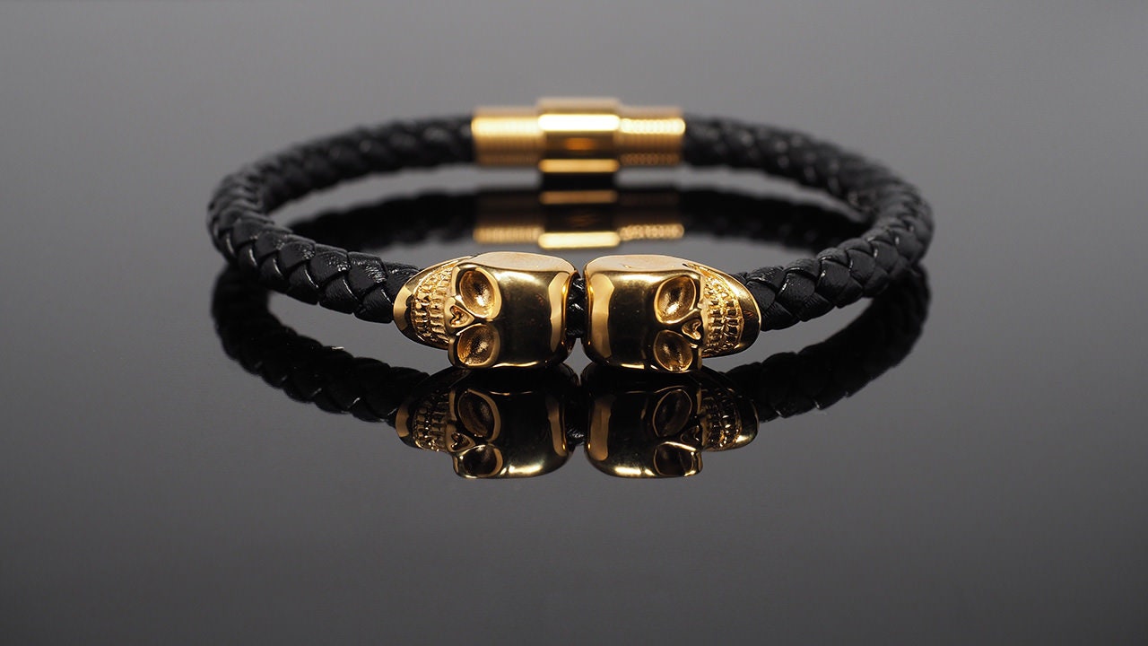 Gold Bracelet for Men Friendship bracelet Golden Skull Bracelet Black Leather Bracelet Bracelet Gift for Husband Bracelets Men zeus Etsy