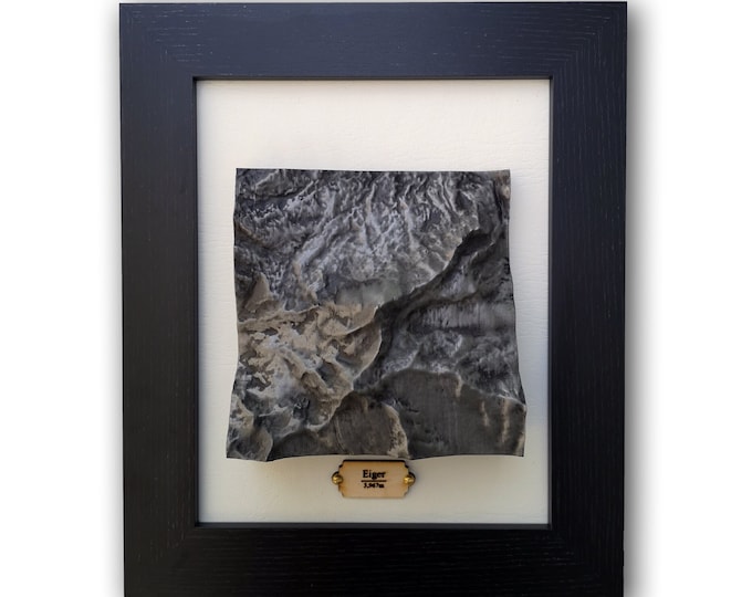 Eiger Topographical Framed Map in Aged Silver Finish, Mountain Casting 3D map, Switzerland, Swiss Alps, Relief Map Gift, Personalised