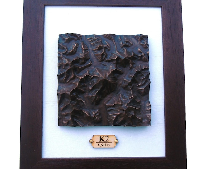 K2 Topographical framed Map in Aged Copper Finish, Mountain Casting, 3D map, Karakoram Mountains, Topographical Map  Gift, Personalised