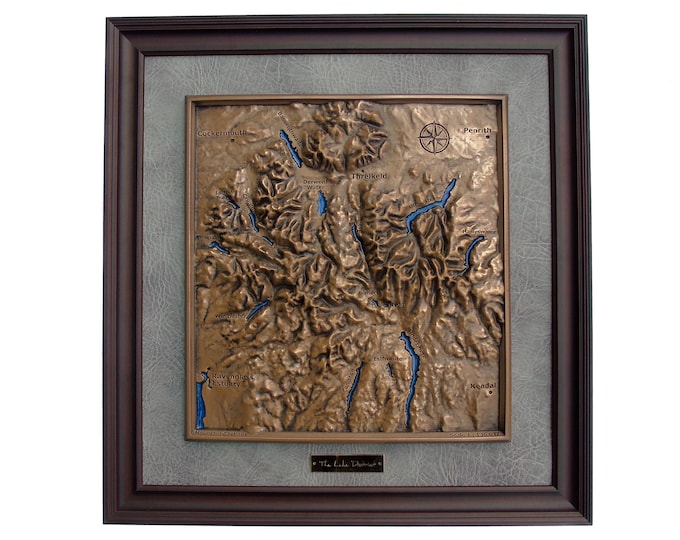 Lake District Topographical Map in Bronze finish - 3D Map of the Lakes - Framed map - Wainwright and fells art piece - Blue shimmer Lakes