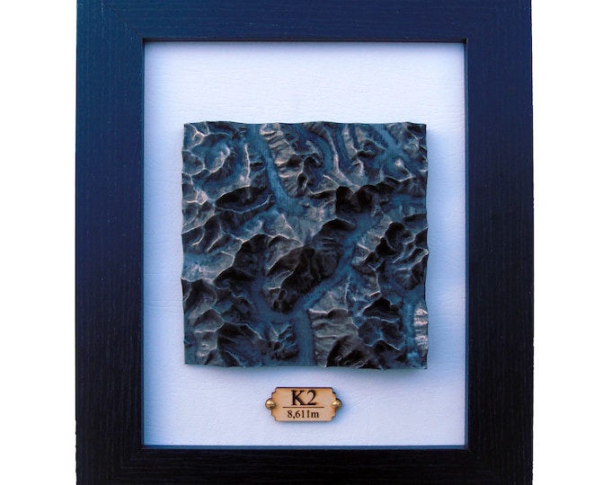 K2 Framed Topographical Map in Aged Silver Finish, Mountain Casting 3D Map, Karakoram Mountains, Relief Map, Hiking Gift, Personalised