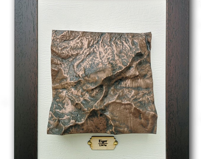Eiger Framed Topographical Map in Aged Copper Finish, Mountain Casting 3D map, Switzerland, Swiss Alps, Relief Map, Hiking Gift
