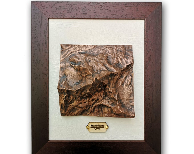 Matterhorn Framed Topographical Map in Aged Copper Finish, Mountain Casting 3D map, Switzerland, Swiss Alps, Relief Map, Hiking Gift
