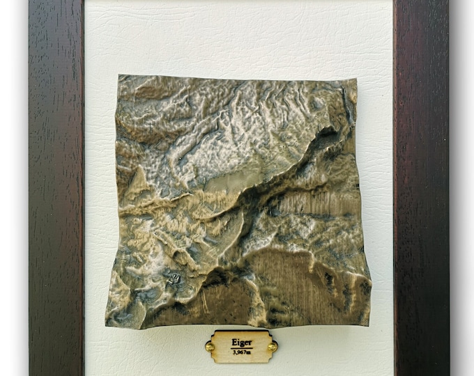 Eiger Framed Topographical Map in Aged Bronze Finish, Mountain Casting 3D map, Switzerland, Swiss Alps, Relief Map, Hiking Gift