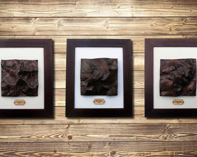 Three Peaks Mountain Castings Collection, U.K Relief Maps of the U.K's 3 Peaks, Ben Nevis, Snowdon, Scafell Pike, Hiking Gift, 3D Maps.