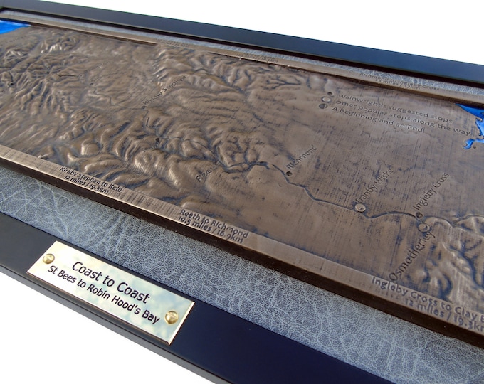 UK Coast to Coast Topographical map in Bronze finish 3D relief map of Wainwright's classic trail across England personalised gift or memento