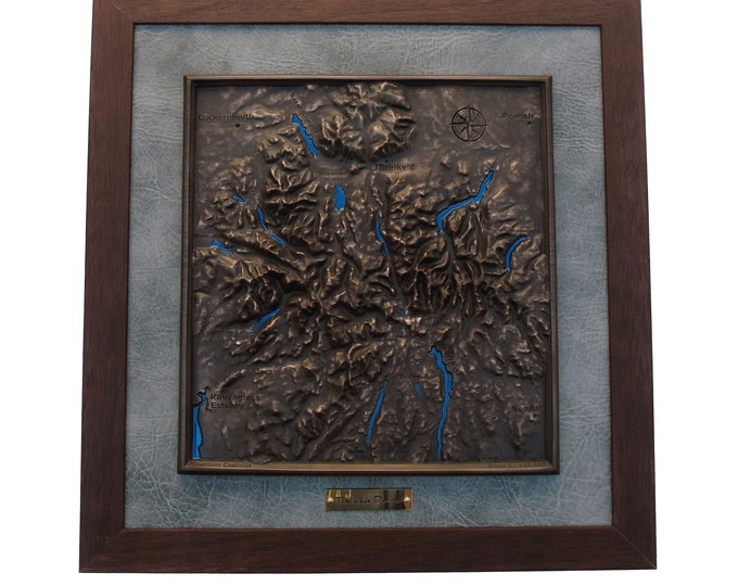 Lake District Topographical map in Copper finish - 3D Map of the Lakes - Framed map - Wainwright and fells art piece - Blue resin Lakes